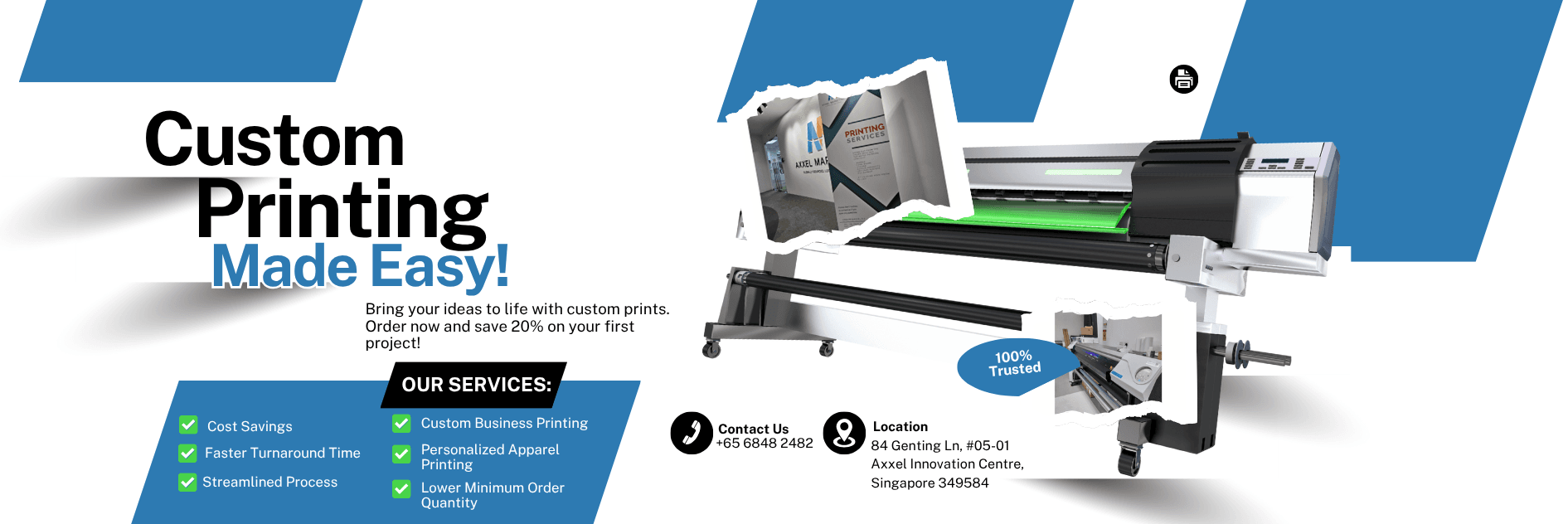 Green and White Modern Custom Printing Solutions Twitter Post